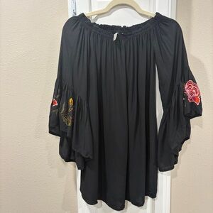 Feathers  Black Off-Shoulder Tunic with Floral Embroidery